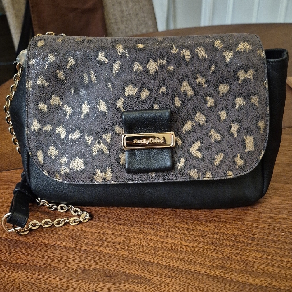 SEE BY CHLOE Rosita Leopard Crossbody Metallic Animal Print Purse Leather Bag